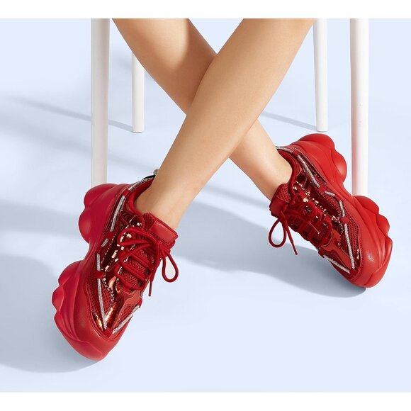 Women's Red 90s Chunky Sneakers Sparkly Bling Rhinestone Rope Platform Shoes - Picture 2 of 9